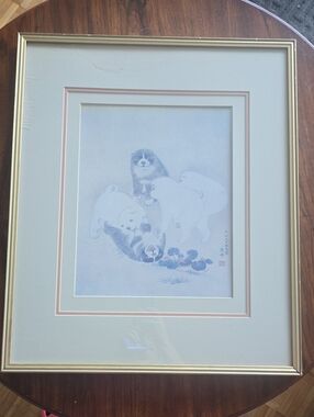 Japanese artist Maruyama Ōkyo Playful Puppies 1700s Vtg Seal Gold Framed Print